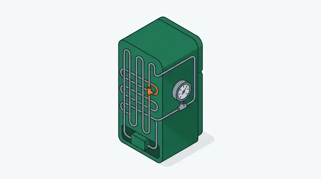 مدار سرمایش و کندانسور پشت یخچال همراه با گیج فشار برای شارژ گاز